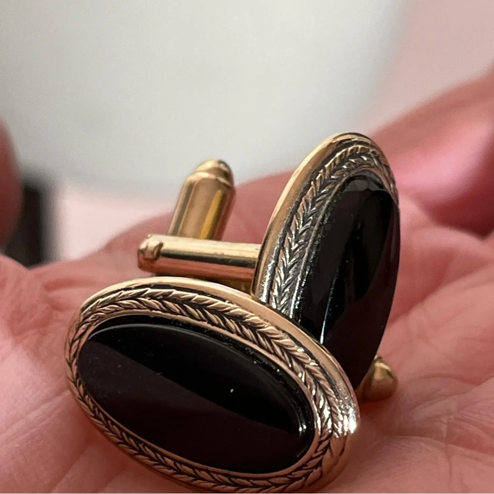 Vintage 60 70 Shield Victorian Oversized black onyx Brass Gold Cufflinks